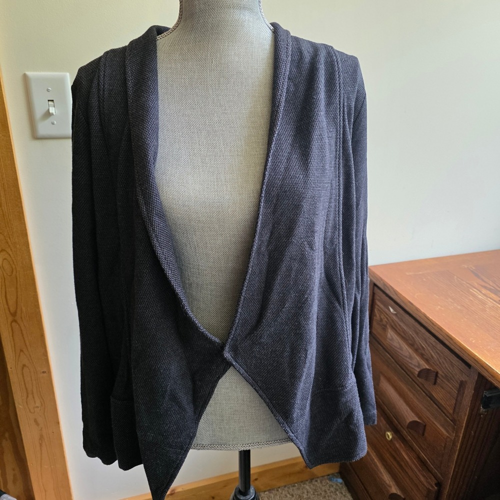 Eileen Fisher Black Textured Open Front Draped Cardigan Large Office Minimalist